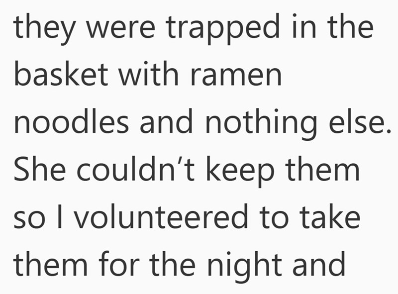 they were trapped in the basket with ramen noodles and nothing else. She couldn't keep them so I volunteered to take them for the night and