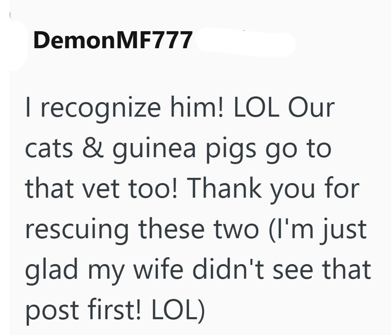 DemonMF777 I recognize him! LOL Our cats & guinea pigs go to that vet too! Thank you for rescuing these two (I'm just glad my wife didn't see that post first! LOL)