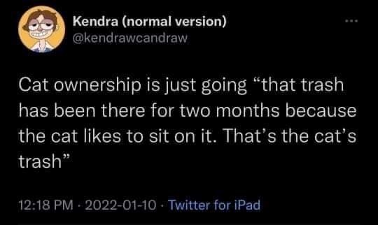 Kendra (normal version) @kendrawcandraw Cat ownership is just going "that trash has been there for two months because the cat likes to sit on it. That's the cat's trash" 12:18 PM - 2022-01-10 Twitter for iPad