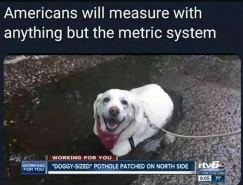Americans will measure with anything but the metric system WORKING FOR YOU WORKING "DOGGY-SIZED POTHOLE PATCHED ON NORTH SIDE rtv6 FOR YOU 6:05 71