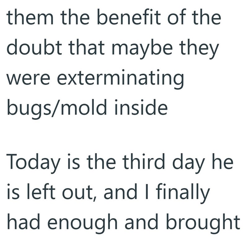 them the benefit of the doubt that maybe they were exterminating bugs/mold inside Today is the third day he is left out, and I finally had enough and brought