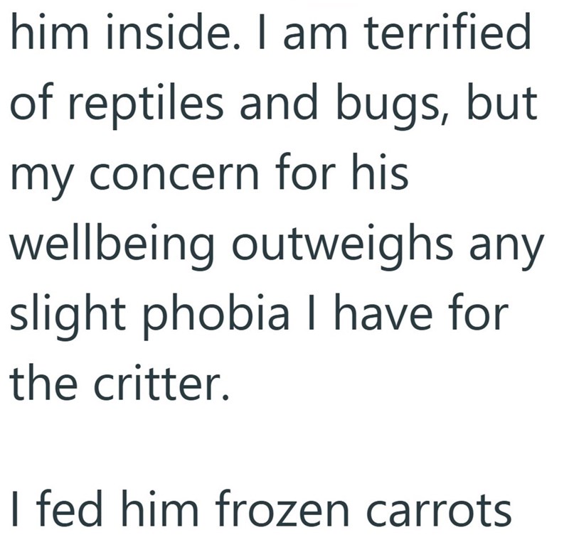 him inside. I am terrified of reptiles and bugs, but my concern for his wellbeing outweighs any slight phobia I have for the critter. I fed him frozen carrots