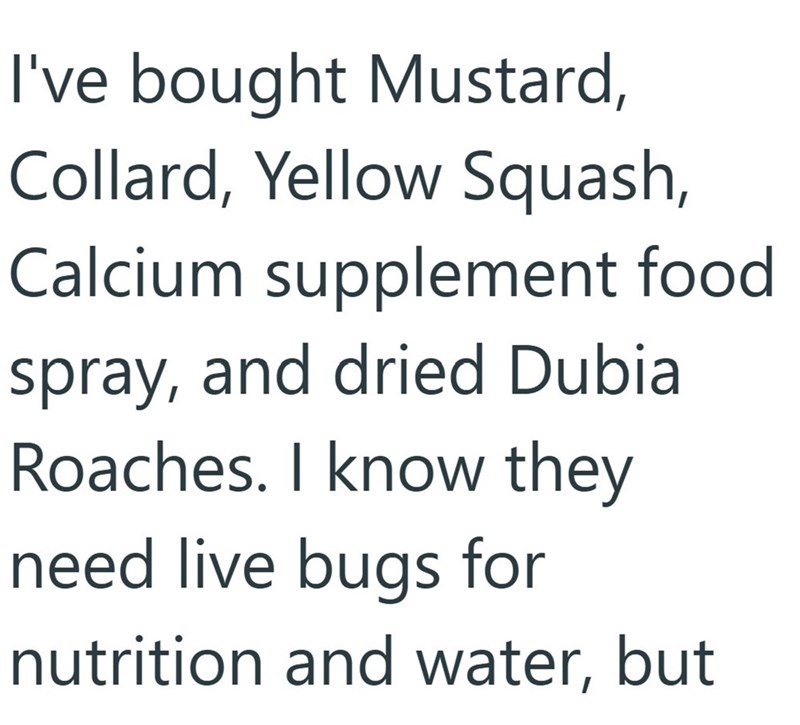 I've bought Mustard, Collard, Yellow Squash, Calcium supplement food spray, and dried Dubia Roaches. I know they need live bugs for nutrition and water, but