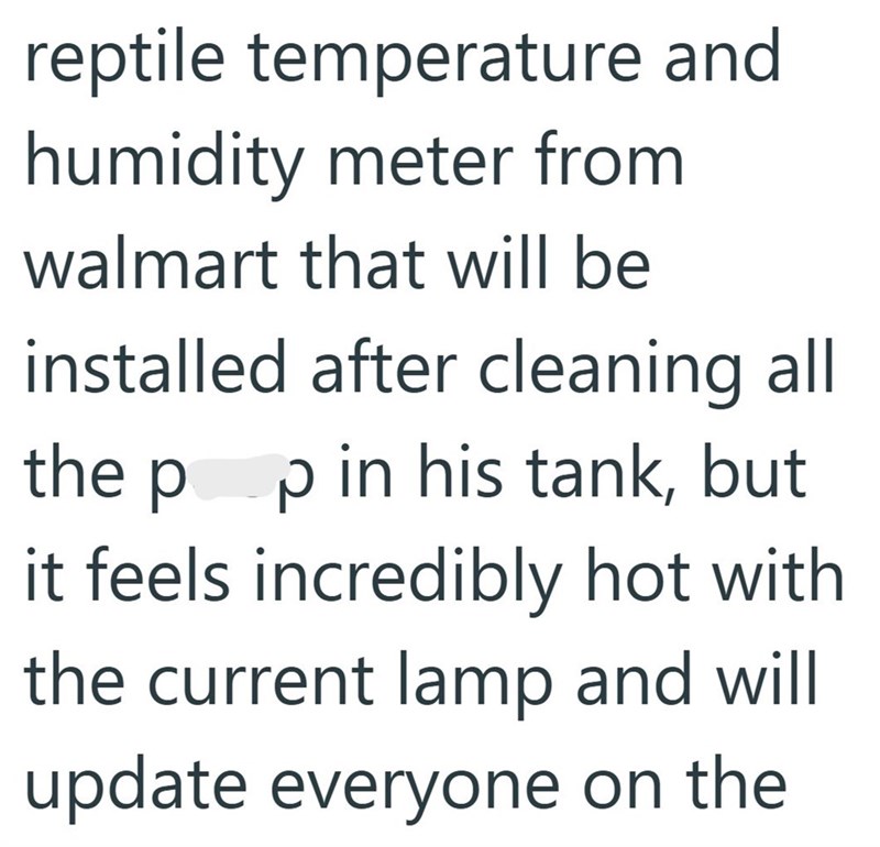 reptile temperature and humidity meter from walmart that will be installed after cleaning all the pop in his tank, but it feels incredibly hot with the current lamp and will update everyone on the
