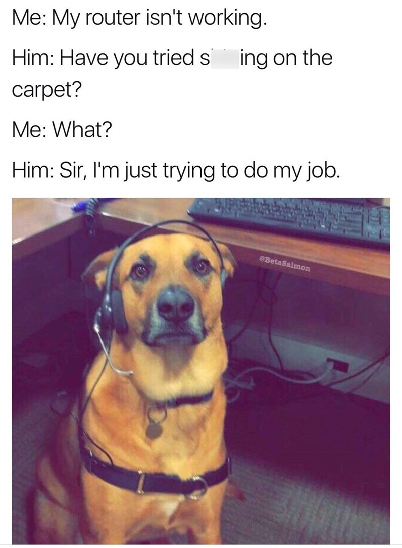 Me: My router isn't working. Him: Have you tried s ing on the carpet? Me: What? Him: Sir, I'm just trying to do my job. @BetaSalmon