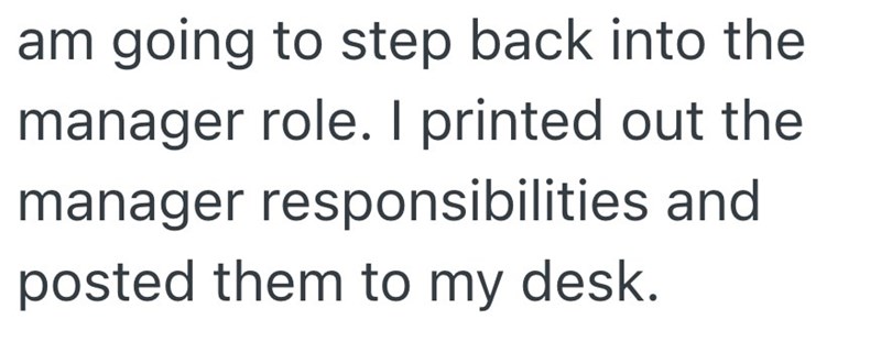 am going to step back into the manager role. I printed out the manager responsibilities and posted them to my desk.