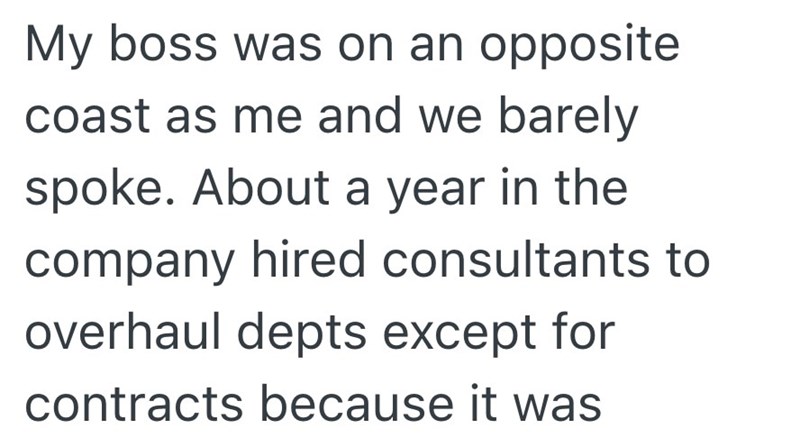 My boss was on an opposite coast as me and we barely spoke. About a year in the company hired consultants to overhaul depts except for contracts because it was