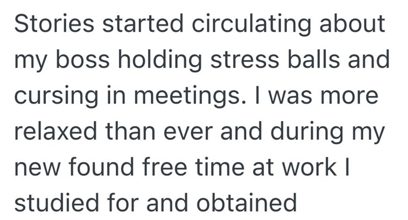 Stories started circulating about my boss holding stress balls and cursing in meetings. I was more relaxed than ever and during my new found free time at work I studied for and obtained