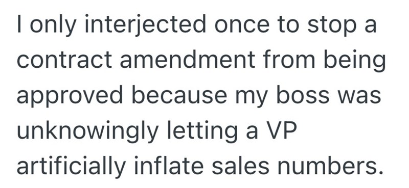 I only interjected once to stop a contract amendment from being approved because my boss was unknowingly letting a VP artificially inflate sales numbers.