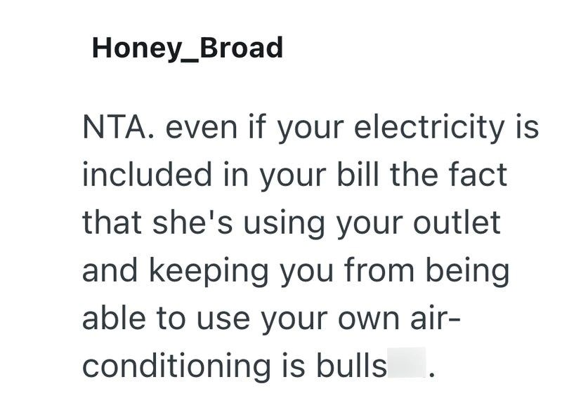 Honey_Broad NTA. even if your electricity is included in your bill the fact that she's using your outlet and keeping you from being able to use your own air- conditioning is bulls