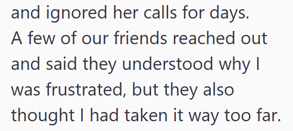 and ignored her calls for days. A few of our friends reached out and said they understood why I was frustrated, but they also thought I had taken it way too far.