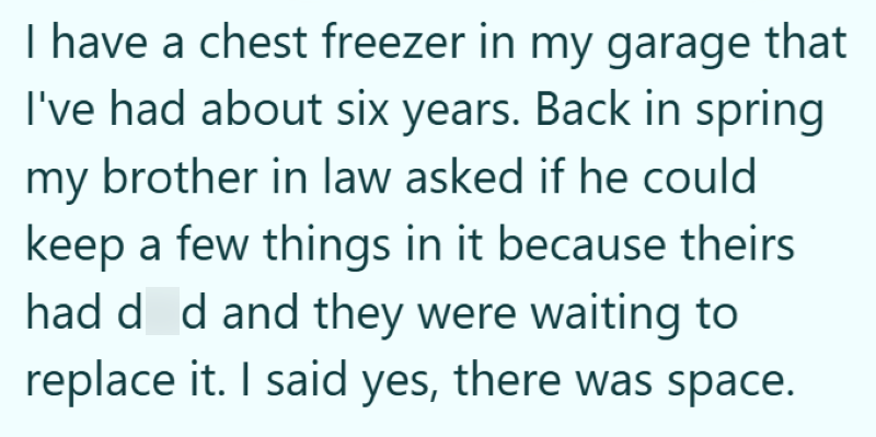 I have a chest freezer in my garage that I've had about six years. Back in spring my brother in law asked if he could keep a few things in it because theirs had d d and they were waiting to replace it. I said yes, there was space.