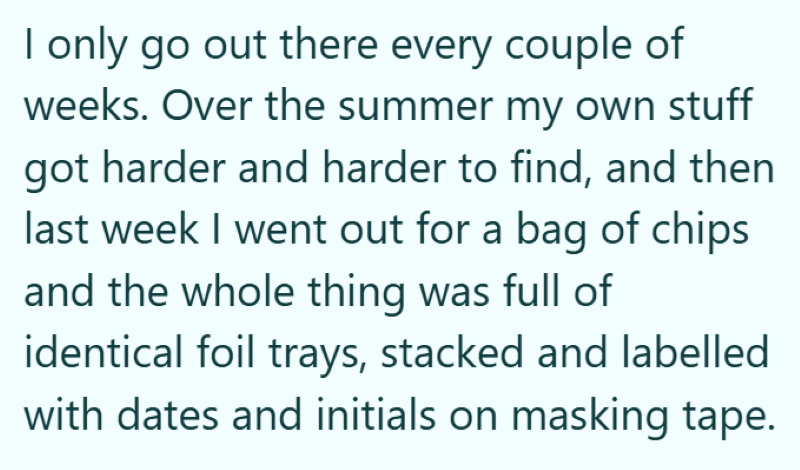I only go out there every couple of weeks. Over the summer my own stuff got harder and harder to find, and then last week I went out for a bag of chips and the whole thing was full of identical foil trays, stacked and labelled with dates and initials on masking tape.