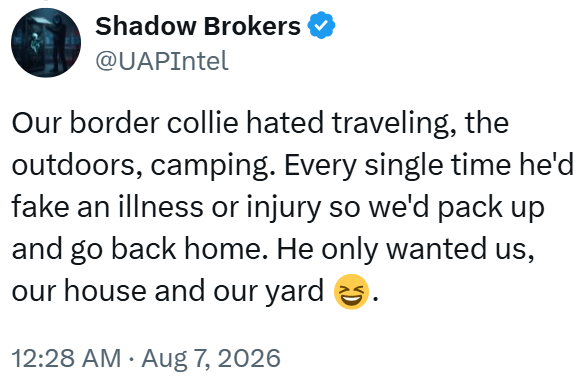 Shadow Brokers @UAPIntel Our border collie hated traveling, the outdoors, camping. Every single time he'd fake an illness or injury so we'd pack up and go back home. He only wanted us, our house and our yard 12:28 AM • Aug 7, 2026