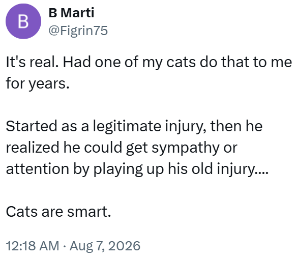 B Marti B @Figrin75 It's real. Had one of my cats do that to me for years. Started as a legitimate injury, then he realized he could get sympathy or attention by playing up his old injury.... Cats are smart. 12:18 AM • Aug 7, 2026