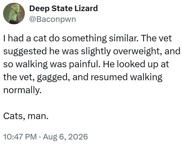 Deep State Lizard @Baconpwn I had a cat do something similar. The vet suggested he was slightly overweight, and so walking was painful. He looked up at the vet, gagged, and resumed walking normally. Cats, man. 10:47 PM - Aug 6, 2026