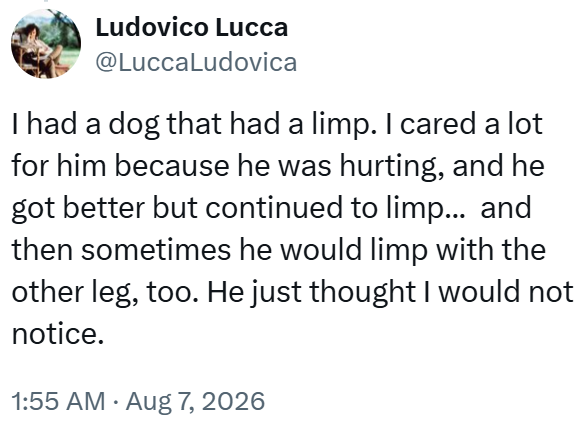 Ludovico Lucca @LuccaLudovica I had a dog that had a limp. I cared a lot for him because he was hurting, and he got better but continued to limp... and then sometimes he would limp with the other leg, too. He just thought I would not notice. 1:55 AM • Aug 7, 2026