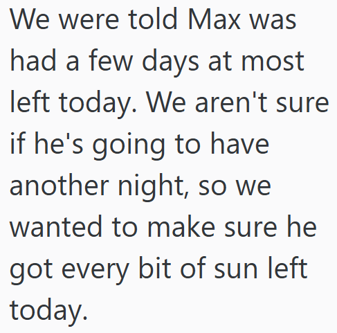 We were told Max was had a few days at most left today. We aren't sure if he's going to have another night, so we wanted to make sure he got every bit of sun left today.
