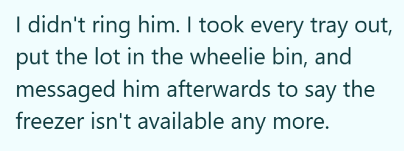 I didn't ring him. I took every tray out, put the lot in the wheelie bin, and messaged him afterwards to say the freezer isn't available any more.