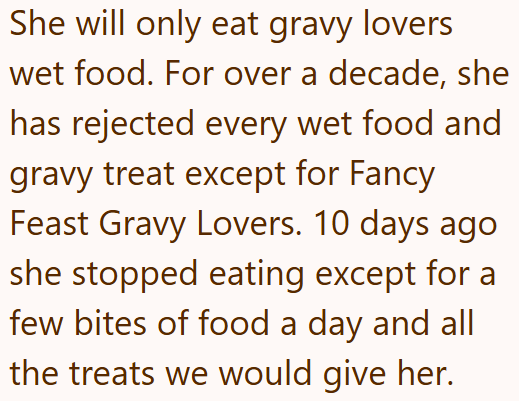 She will only eat gravy lovers wet food. For over a decade, she has rejected every wet food and gravy treat except for Fancy Feast Gravy Lovers. 10 days ago she stopped eating except for a few bites of food a day and all the treats we would give her.