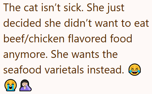 The cat isn't sick. She just decided she didn't want to eat beef/chicken flavored food anymore. She wants the seafood varietals instead. ②