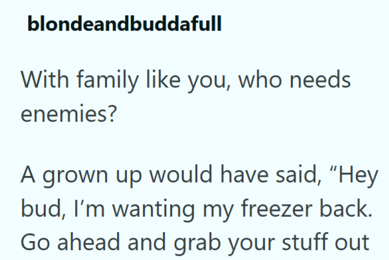 blondeandbuddafull With family like you, who needs enemies? A grown up would have said, "Hey bud, I'm wanting my freezer back. Go ahead and grab your stuff out