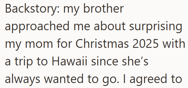 Backstory: my brother approached me about surprising my mom for Christmas 2025 with a trip to Hawaii since she's always wanted to go. I agreed to
