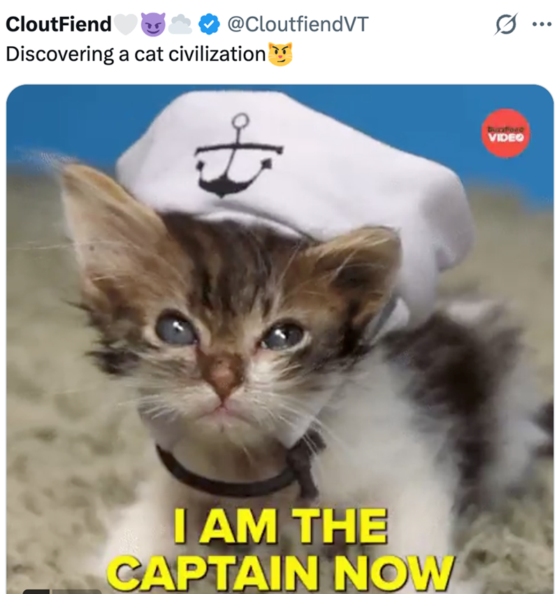 CloutFiend @CloutfiendVT ... Discovering a cat civilization I AM THE CAPTAIN NOW VIDEO