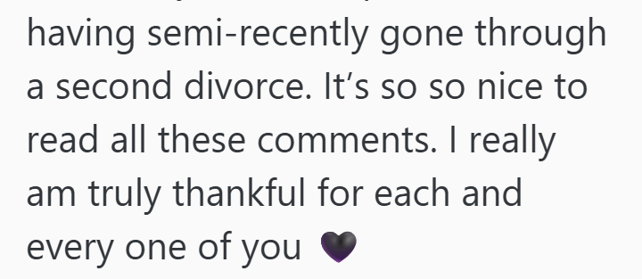 having semi-recently gone through a second divorce. It's so so nice to read all these comments. I really am truly thankful for each and every one of you