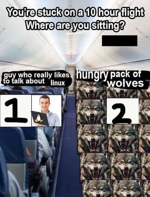 You're stuck on a 10 hour flight Where are you sitting? guy who really likes hungry pack of to talk about linux 1 wolves 2