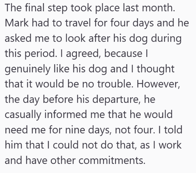 The final step took place last month. Mark had to travel for four days and he asked me to look after his dog during this period. I agreed, because I genuinely like his dog and I thought that it would be no trouble. However, the day before his departure, he casually informed me that he would need me for nine days, not four. I told him that I could not do that, as I work and have other commitments.