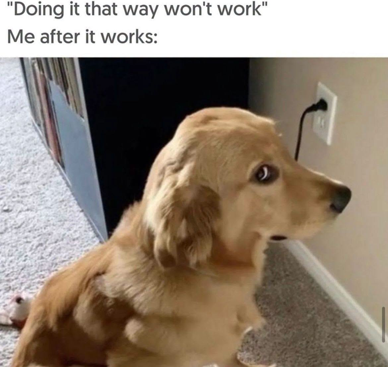 "Doing it that way won't work" Me after it works: