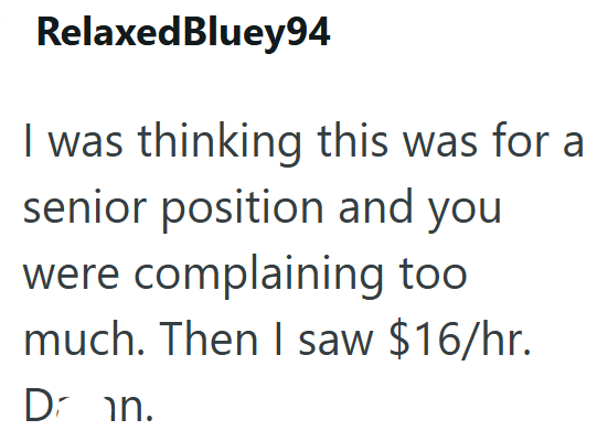 Relaxed Bluey94 I was thinking this was for a senior position and you were complaining too much. Then I saw $16/hr. Dr n.