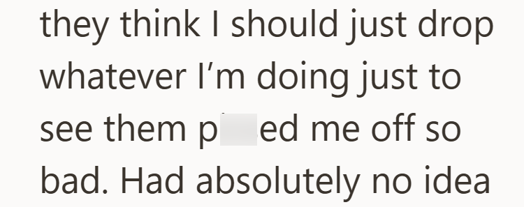 they think I should just drop whatever I'm doing just to see them ped me off so bad. Had absolutely no idea