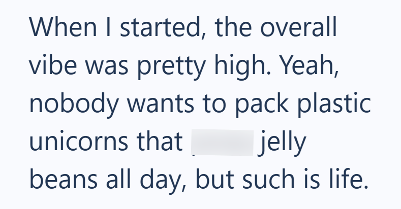 When I started, the overall vibe was pretty high. Yeah, nobody wants to pack plastic unicorns that jelly beans all day, but such is life.