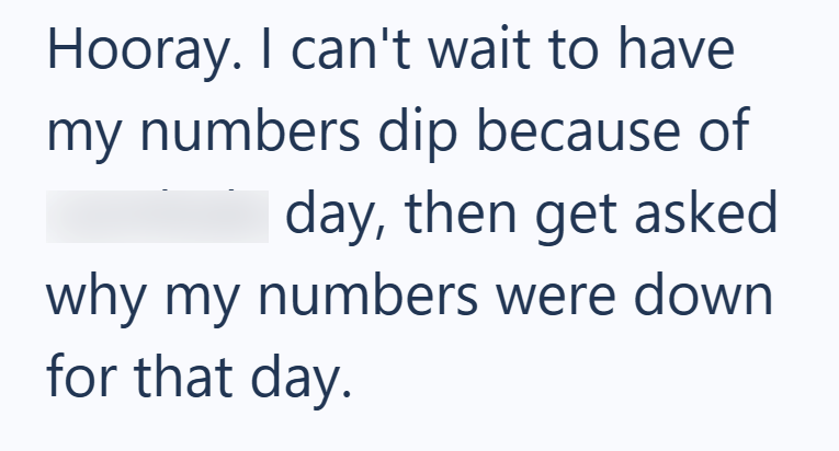 Hooray. I can't wait to have my numbers dip because of day, then get asked why my numbers were down for that day.