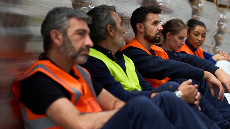 Five people in safety vests sit on a warehouse floor in front of stacked pallets