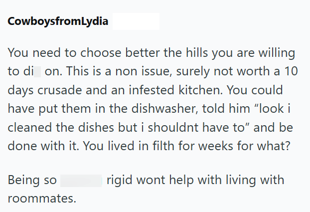 CowboysfromLydia You need to choose better the hills you are willing to di on. This is a non issue, surely not worth a 10 days crusade and an infested kitchen. You could have put them in the dishwasher, told him "look i cleaned the dishes but i shouldnt have to" and be done with it. You lived in filth for weeks for what? Being so roommates. rigid wont help with living with