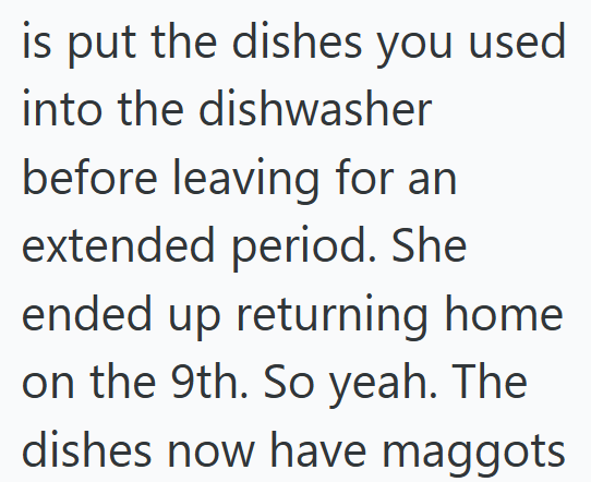 is put the dishes you used into the dishwasher before leaving for an extended period. She ended up returning home on the 9th. So yeah. The dishes now have maggots