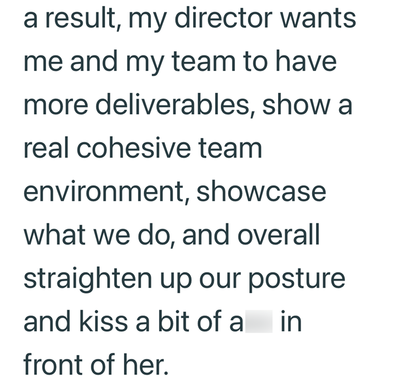 a result, my director wants me and my team to have more deliverables, show a real cohesive team environment, showcase what we do, and overall straighten up our posture and kiss a bit of a in front of her.