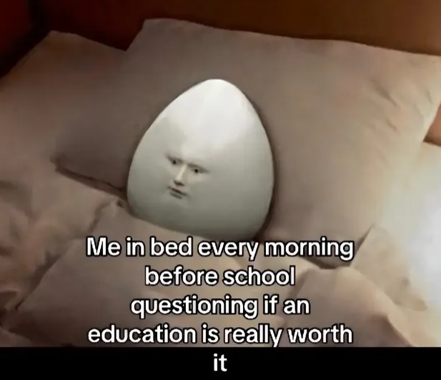 Me in bed every morning before school questioning if an education is really worth it