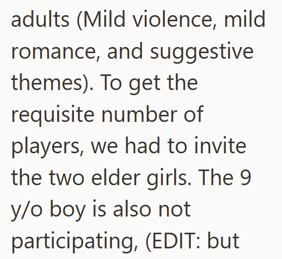 adults (Mild violence, mild romance, and suggestive themes). To get the requisite number of players, we had to invite the two elder girls. The 9 y/o boy is also not participating, (EDIT: but