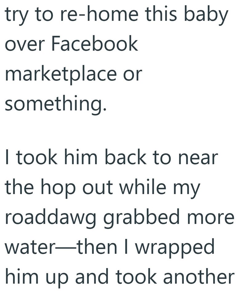 try to re-home this baby over Facebook marketplace or something. I took him back to near the hop out while my roaddawg grabbed more water—then I wrapped him up and took another