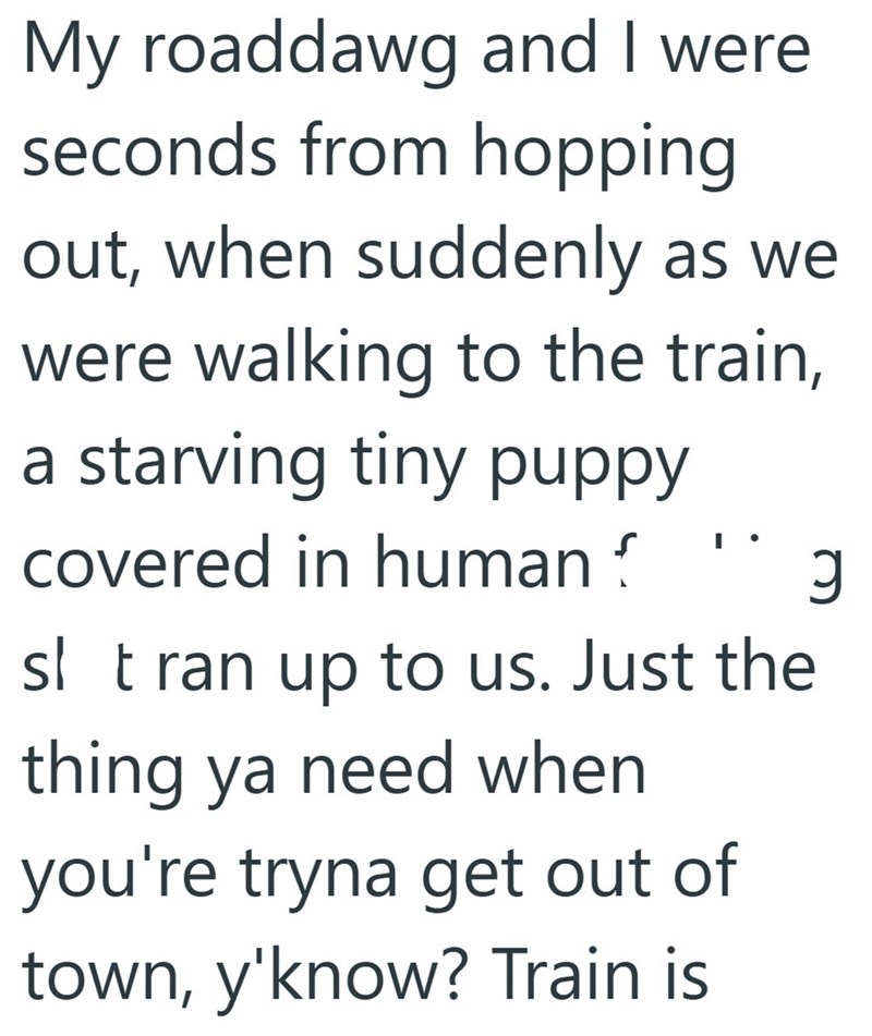 My roaddawg and I were seconds from hopping out, when suddenly as we were walking to the train, a starving tiny puppy covered in human f sl tran up to us. Just the thing ya need when you're tryna get out of town, y'know? Train is Э