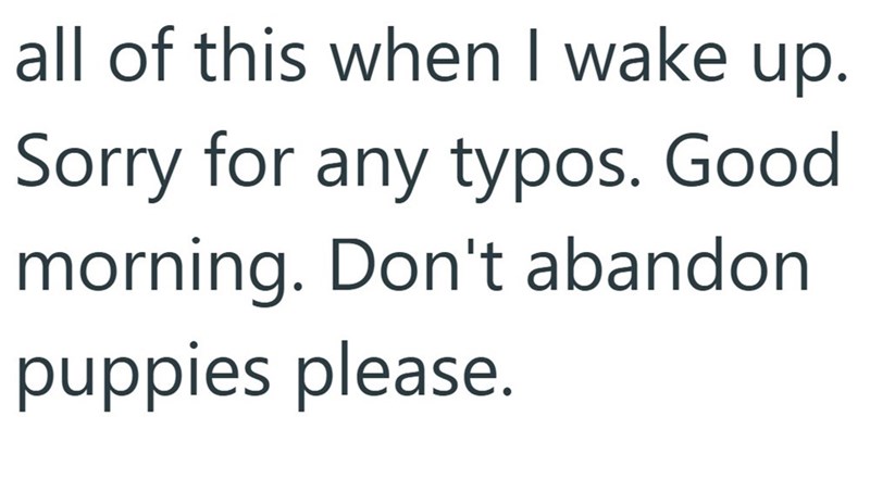 all of this when I wake up. Sorry for any typos. Good morning. Don't abandon. puppies please.