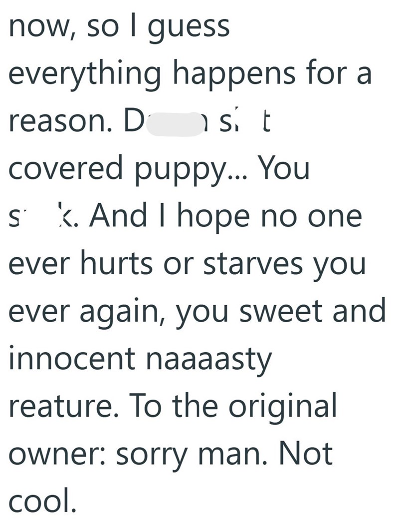 now, so I guess everything happens for a reason. D st covered puppy... You Sk. And I hope no one ever hurts or starves you ever again, you sweet and innocent naaaasty reature. To the original owner: sorry man. Not cool.