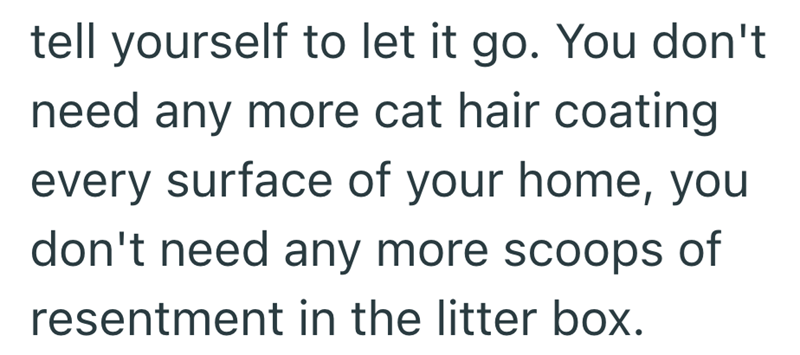 tell yourself to let it go. You don't need any more cat hair coating every surface of your home, you don't need any more scoops of resentment in the litter box.