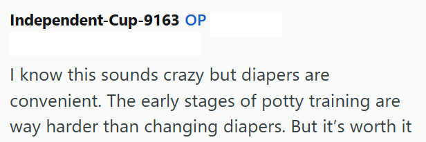 Independent-Cup-9163 OP I know this sounds crazy but diapers are convenient. The early stages of potty training are way harder than changing diapers. But it's worth it