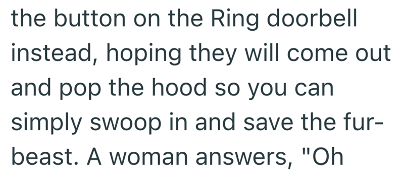 the button on the Ring doorbell instead, hoping they will come out and pop the hood so you can simply swoop in and save the fur- beast. A woman answers, "Oh