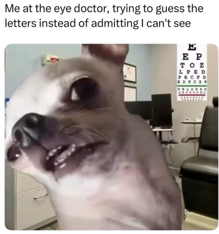 Me at the eye doctor, trying to guess the letters instead of admitting I can't see Ε E P TOZ LPED PECED EDFCZP